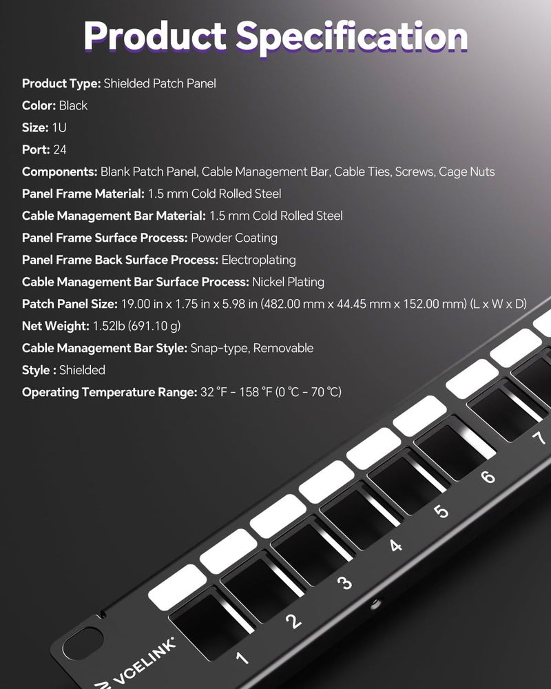 VCELINK 24-Port All Metal Blank Keystone Shielded Patch Panel, 1U Rackmount Housing with Cable Management Bar and Ground Wire, Compatible with RJ45, HDMI, and Blank Keystone, 19 Inch - Image 5